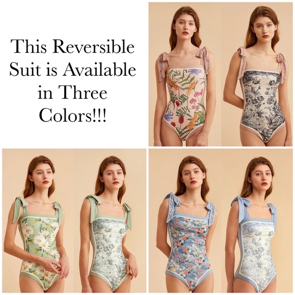 Retro Blue and White Floral Reversible Swimsuit with Shoulder Ties - Picture 5 of 16